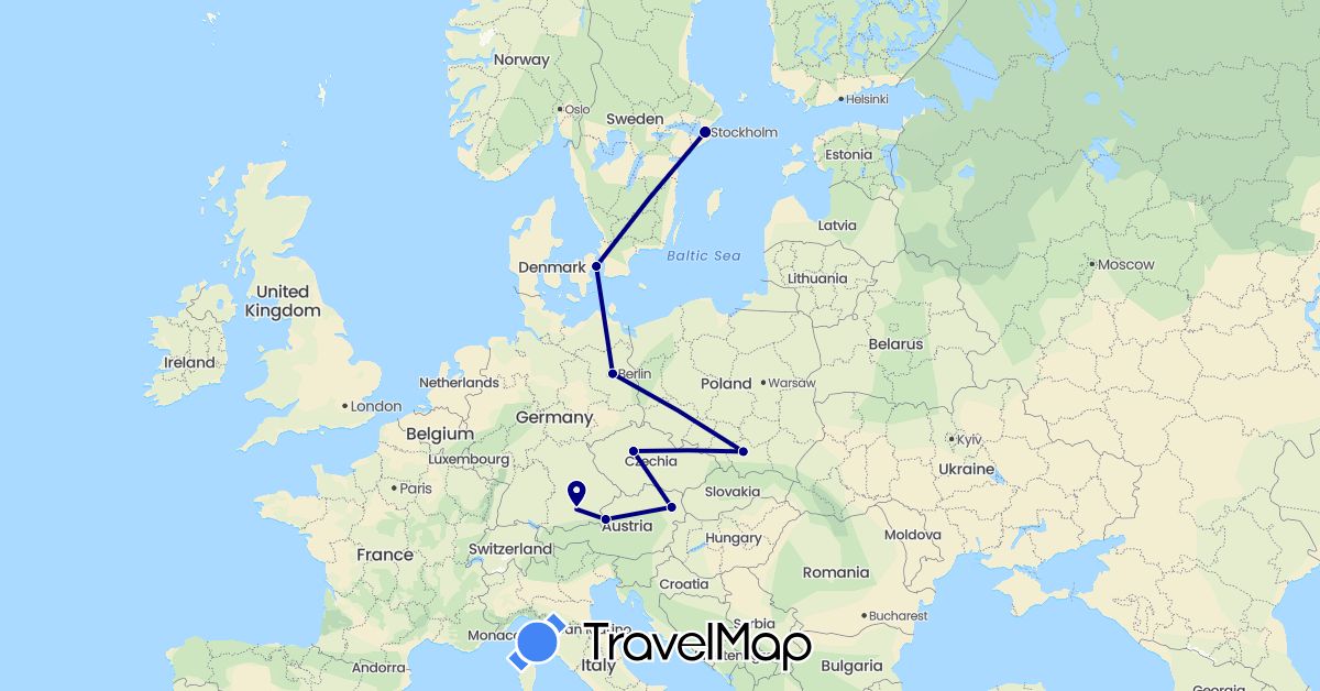 TravelMap itinerary: driving in Austria, Czech Republic, Germany, Denmark, Poland, Sweden (Europe)