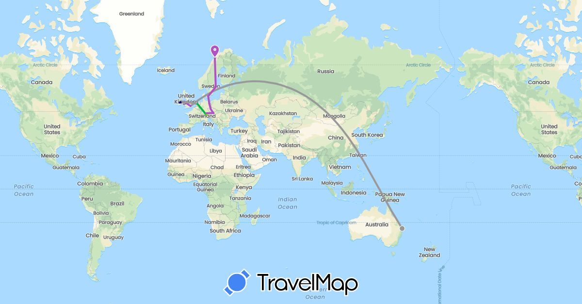TravelMap itinerary: driving, bus, plane, train, electric vehicle in Austria, Australia, Czech Republic, Germany, Denmark, United Kingdom, Ireland, Netherlands, Norway, Sweden (Europe, Oceania)